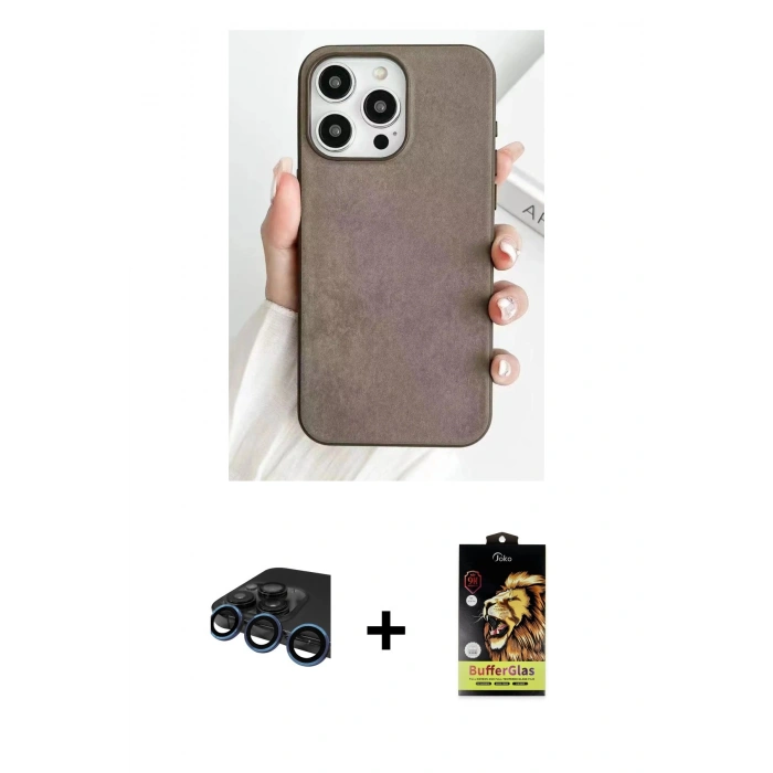 MARSİLYAN™- iPhone 15 Pro Max Kılıf Pusula Modern - Siyah Buffer Cam Ekran Koruyucu + Lacivert Raze Metal Kamera Lens