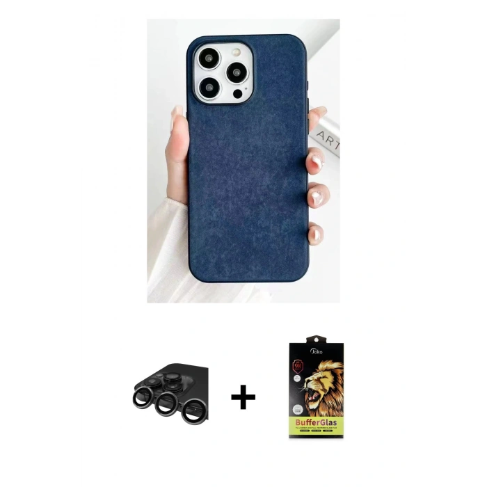 MARSİLYAN™- iPhone 15 Pro Max Kılıf Pusula Modern - Siyah Buffer Cam Ekran Koruyucu + Raze Metal Kamera Lens - TMGI