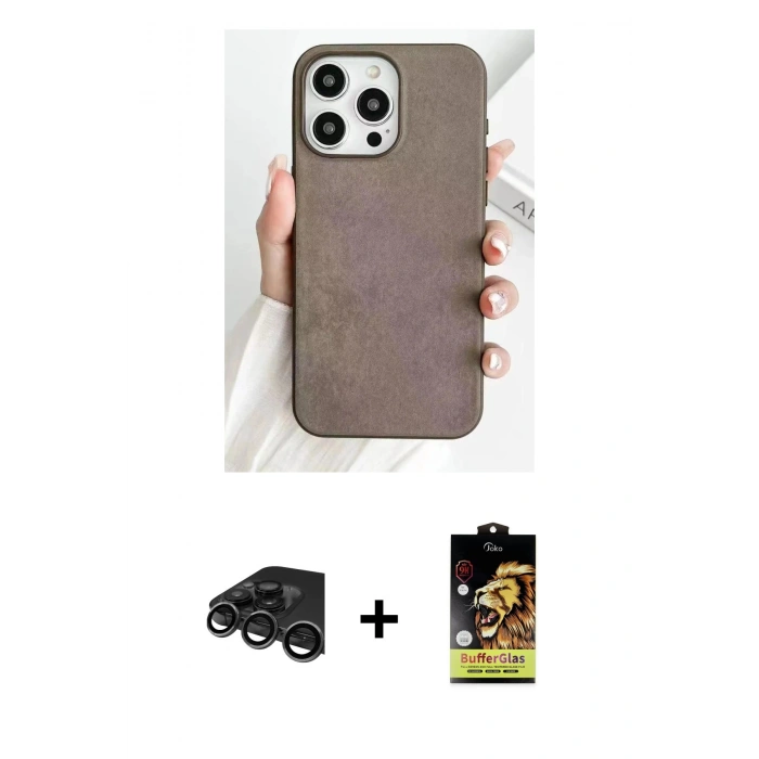MARSİLYAN™- iPhone 15 Pro Max Kılıf Pusula Modern - Siyah Buffer Cam Ekran Koruyucu + Raze Metal Kamera Lens - TMGI