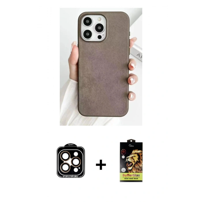 MARSİLYAN™- iPhone 15 Pro Max Kılıf Pusula Modern - Siyah Buffer Cam Ekran Koruyucu + Turuncu PVD Metal Kamera Lens