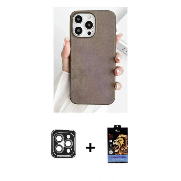 MARSİLYAN™- iPhone 15 Pro Max Kılıf Pusula Modern - Siyah Buffer Hayalet Cam Ekran Koruyucu + Gri PVD Metal Kamera Lens