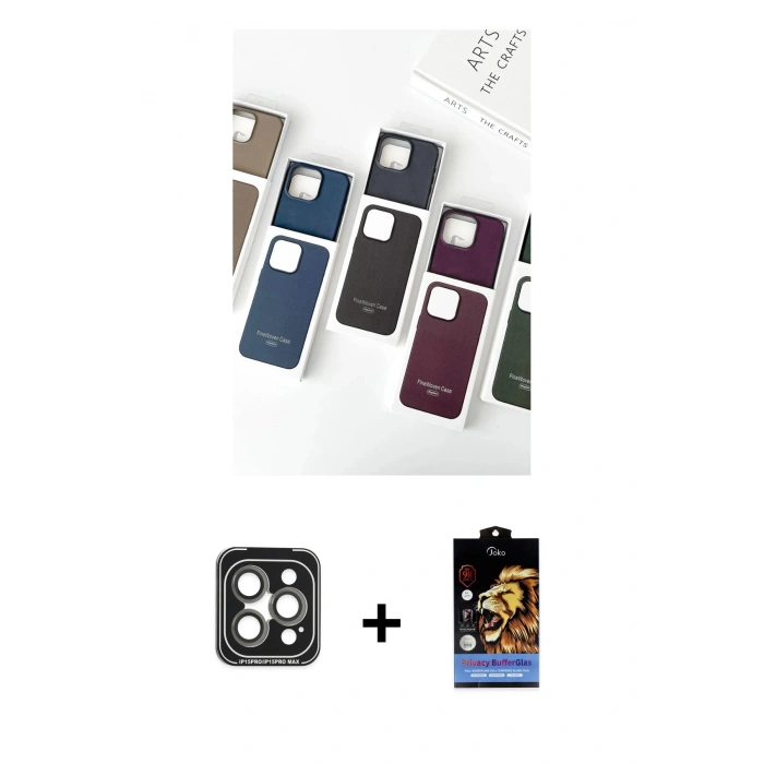 MARSİLYAN™- iPhone 15 Pro Max Kılıf Pusula Modern - Siyah Buffer Hayalet Cam Ekran Koruyucu + Gri PVD Metal Kamera Lens