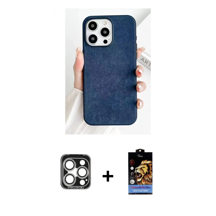 MARSİLYAN™- iPhone 15 Pro Max Kılıf Pusula Modern - Siyah Buffer Hayalet Cam Ekran Koruyucu + Gümüş PVD Metal Kamera Lens