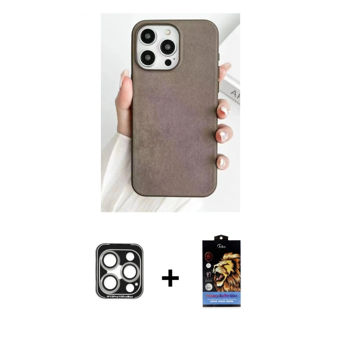MARSİLYAN™- iPhone 15 Pro Max Kılıf Pusula Modern - Siyah Buffer Hayalet Cam Ekran Koruyucu + Gümüş PVD Metal Kamera Lens