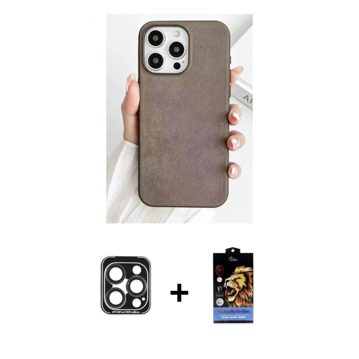 MARSİLYAN™- iPhone 15 Pro Max Kılıf Pusula Modern - Siyah Buffer Hayalet Cam Ekran Koruyucu + PVD Metal Kamera Lens - LT