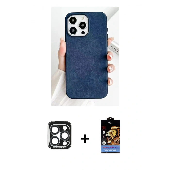 MARSİLYAN™- iPhone 15 Pro Max Kılıf Pusula Modern - Siyah Buffer Hayalet Cam Ekran Koruyucu + PVD Metal Kamera Lens - LT