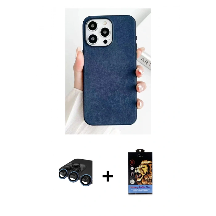 MARSİLYAN™- iPhone 15 Pro Max Kılıf Pusula Modern - Siyah Buffer Hayalet Cam Ekran Koruyucu + Raze Metal Kamera Lens - LT