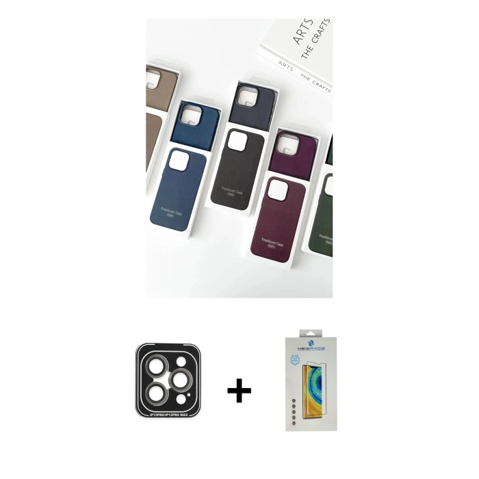 MARSİLYAN™- iPhone 15 Pro Max Kılıf Pusula Modern - Siyah Polymer Nano Ekran Koruyucu + Gri PVD Metal Kamera Lens
