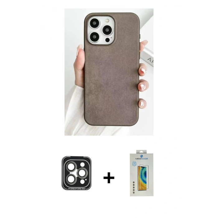 MARSİLYAN™- iPhone 15 Pro Max Kılıf Pusula Modern - Siyah Polymer Nano Ekran Koruyucu + Gri PVD Metal Kamera Lens