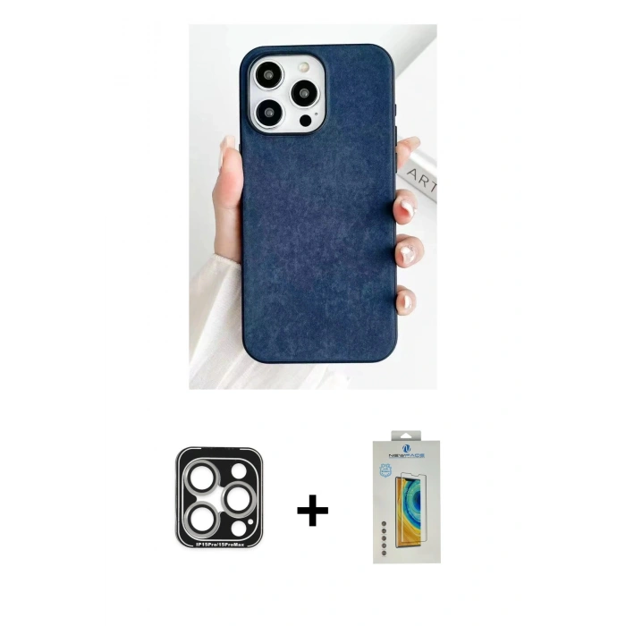 MARSİLYAN™- iPhone 15 Pro Max Kılıf Pusula Modern - Siyah Polymer Nano Ekran Koruyucu + PVD Metal Kamera Lens - GS