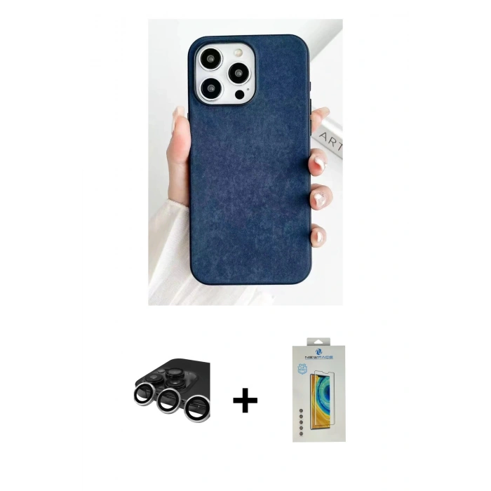 MARSİLYAN™- iPhone 15 Pro Max Kılıf Pusula Modern - Siyah Polymer Nano Ekran Koruyucu + Raze Metal Kamera Lens - GS