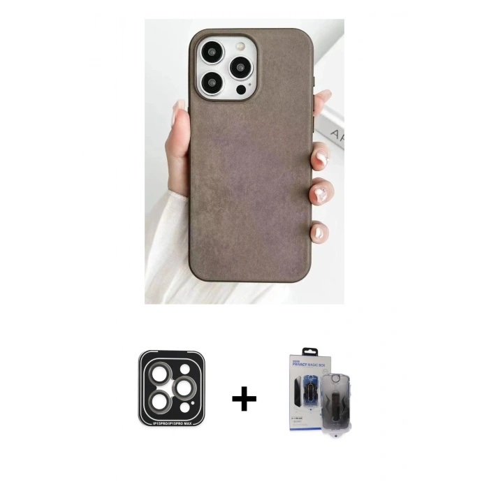 MARSİLYAN™- iPhone 15 Pro Max Kılıf Pusula Modern - Siyah Vanessa Magic Hayalet Cam + PVD Metal Kamera Lens - GI