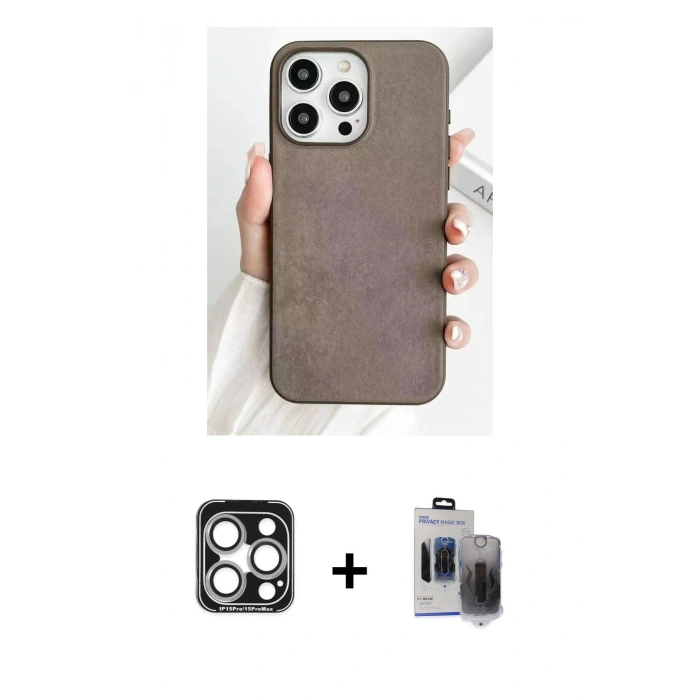 MARSİLYAN™- iPhone 15 Pro Max Kılıf Pusula Modern - Siyah Vanessa Magic Hayalet Cam + PVD Metal Kamera Lens - GS