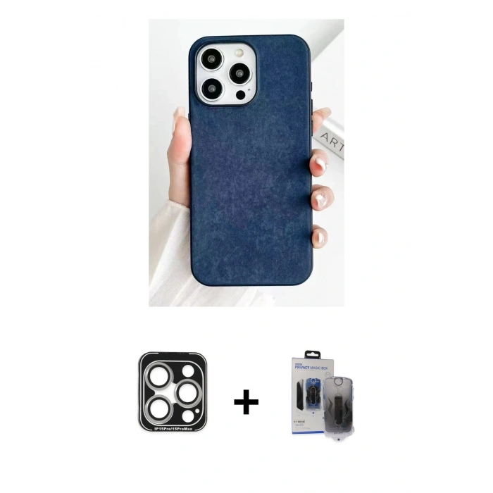 MARSİLYAN™- iPhone 15 Pro Max Kılıf Pusula Modern - Siyah Vanessa Magic Hayalet Cam + PVD Metal Kamera Lens - GS