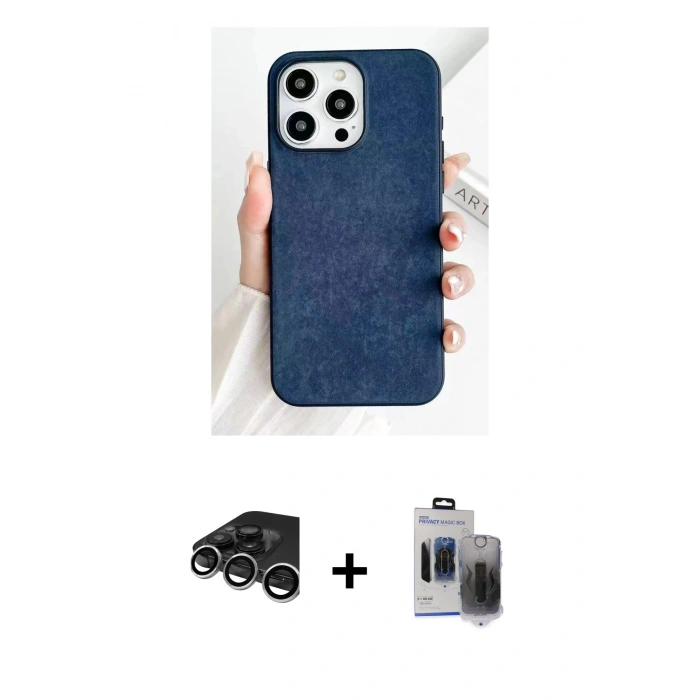 MARSİLYAN™- iPhone 15 Pro Max Kılıf Pusula Modern - Siyah Vanessa Magic Hayalet Cam + Raze Metal Kamera Lens - GS