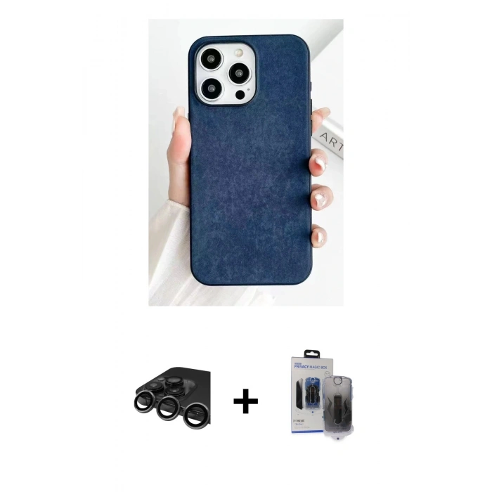 MARSİLYAN™- iPhone 15 Pro Max Kılıf Pusula Modern - Siyah Vanessa Magic Hayalet Cam + Titanyum Gri Raze Metal Kamera Lens