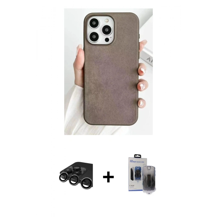MARSİLYAN™- iPhone 15 Pro Max Kılıf Pusula Modern - Siyah Vanessa Magic Hayalet Cam + Titanyum Gri Raze Metal Kamera Lens