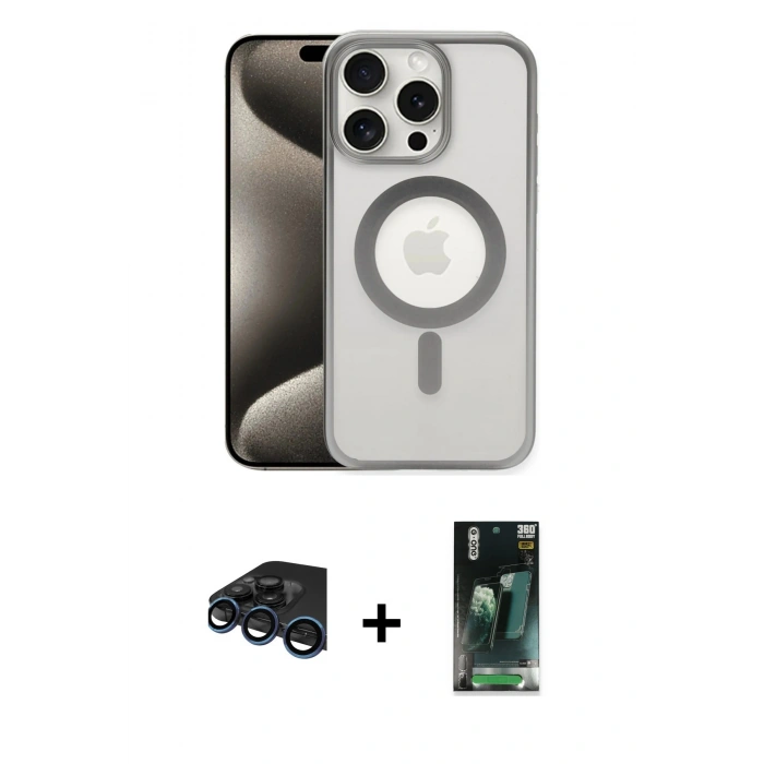 MARSİLYAN™- iPhone 15 Pro Max Kılıf Siluet Çizgi Serisi - Şeffaf 360 Full Body Arka Koruyucu + Raze Metal Kamera Lens - LT