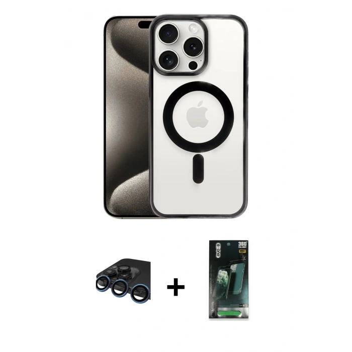 MARSİLYAN™- iPhone 15 Pro Max Kılıf Siluet Çizgi Serisi - Şeffaf 360 Full Body Arka Koruyucu + Raze Metal Kamera Lens - LT