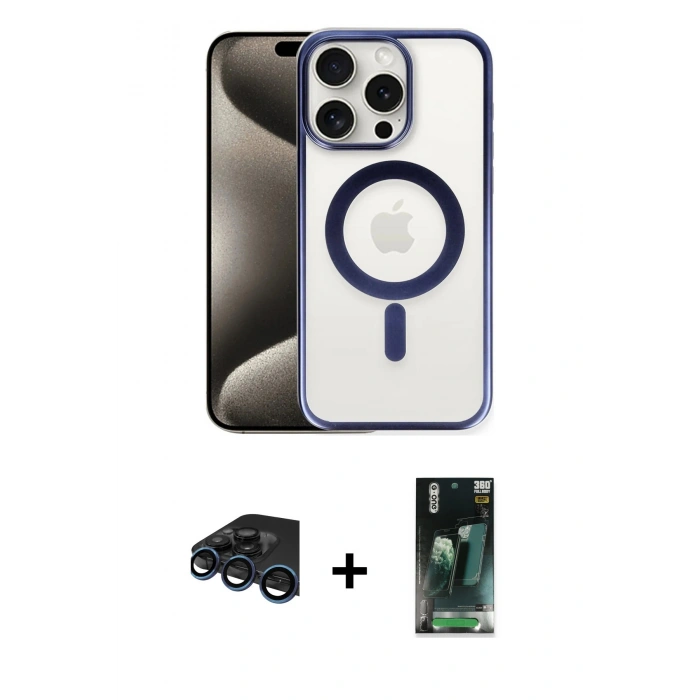 MARSİLYAN™- iPhone 15 Pro Max Kılıf Siluet Çizgi Serisi - Şeffaf 360 Full Body Arka Koruyucu + Raze Metal Kamera Lens - LT