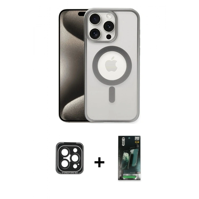 MARSİLYAN™- iPhone 15 Pro Max Kılıf Siluet Çizgi Serisi - Şeffaf 360 Full Body Arka Koruyucu + PVD Metal Kamera Lens - SH