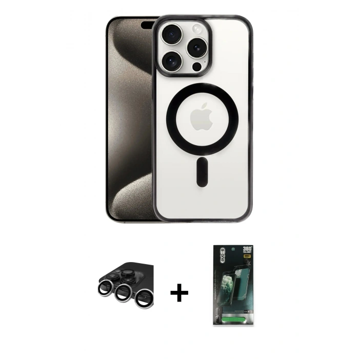 MARSİLYAN™- iPhone 15 Pro Max Kılıf Siluet Çizgi Serisi - Şeffaf 360 Full Body Arka Koruyucu + Raze Metal Kamera Lens - GS