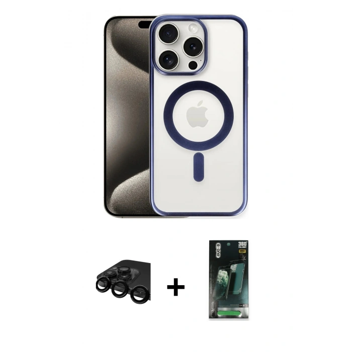 MARSİLYAN™- iPhone 15 Pro Max Kılıf Siluet Çizgi Serisi - Şeffaf 360 Full Body Arka Koruyucu + Raze Metal Kamera Lens - SH