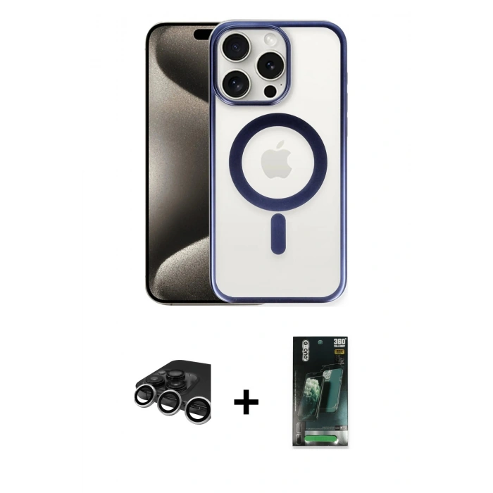 MARSİLYAN™- iPhone 15 Pro Max Kılıf Siluet Çizgi Serisi - Şeffaf 360 Full Body Arka Koruyucu + Raze Metal Kamera Lens - GS