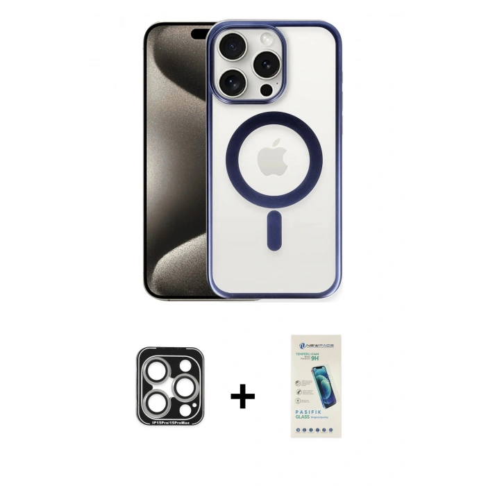 MARSİLYAN™- iPhone 15 Pro Max Kılıf Siluet Çizgi Serisi - Şeffaf Pasifik Cam Ekran Koruyucu + PVD Metal Kamera Lens - GS
