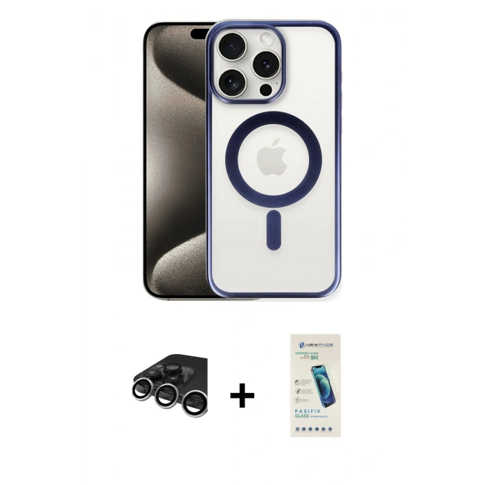 MARSİLYAN™- iPhone 15 Pro Max Kılıf Siluet Çizgi Serisi - Şeffaf Pasifik Cam Ekran Koruyucu + Gümüş Raze Metal Kamera Lens