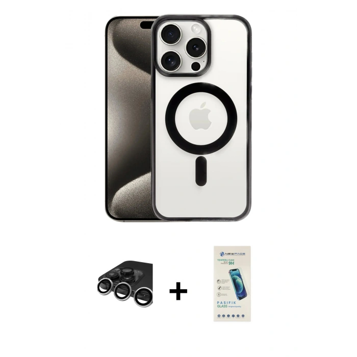 MARSİLYAN™- iPhone 15 Pro Max Kılıf Siluet Çizgi Serisi - Şeffaf Pasifik Cam Ekran Koruyucu + Gümüş Raze Metal Kamera Lens