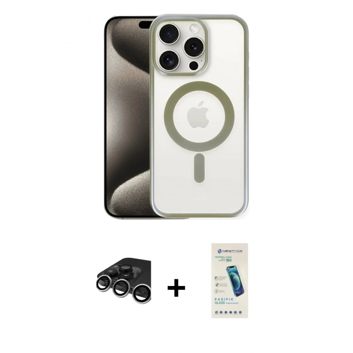 MARSİLYAN™- iPhone 15 Pro Max Kılıf Siluet Çizgi Serisi - Şeffaf Pasifik Cam Ekran Koruyucu + Gümüş Raze Metal Kamera Lens