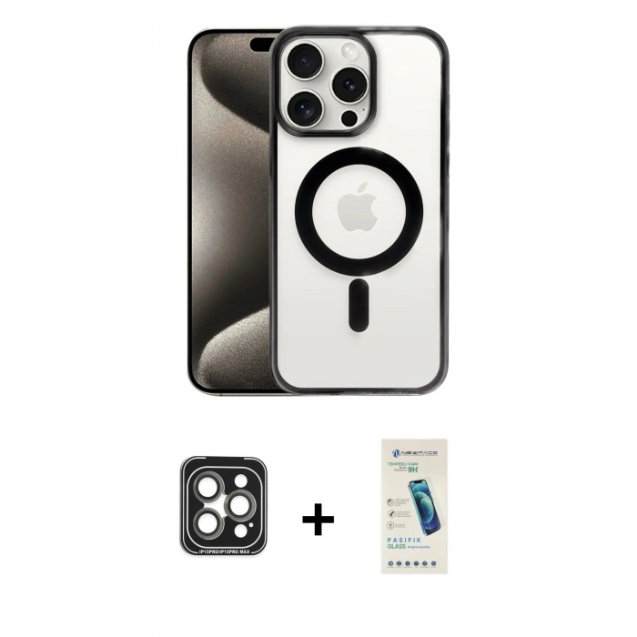 MARSİLYAN™- iPhone 15 Pro Max Kılıf Siluet Çizgi Serisi - Şeffaf Pasifik Cam Ekran Koruyucu + PVD Metal Kamera Lens - GI