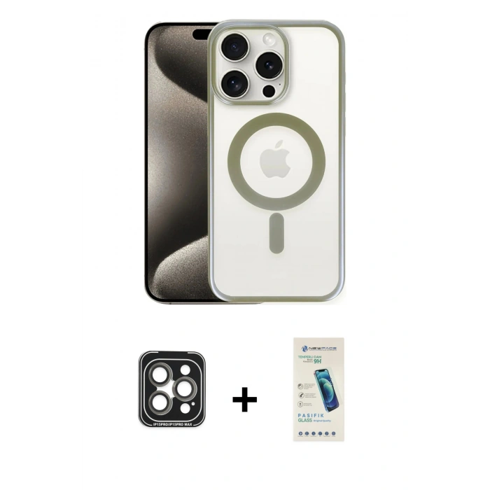 MARSİLYAN™- iPhone 15 Pro Max Kılıf Siluet Çizgi Serisi - Şeffaf Pasifik Cam Ekran Koruyucu + PVD Metal Kamera Lens - GI