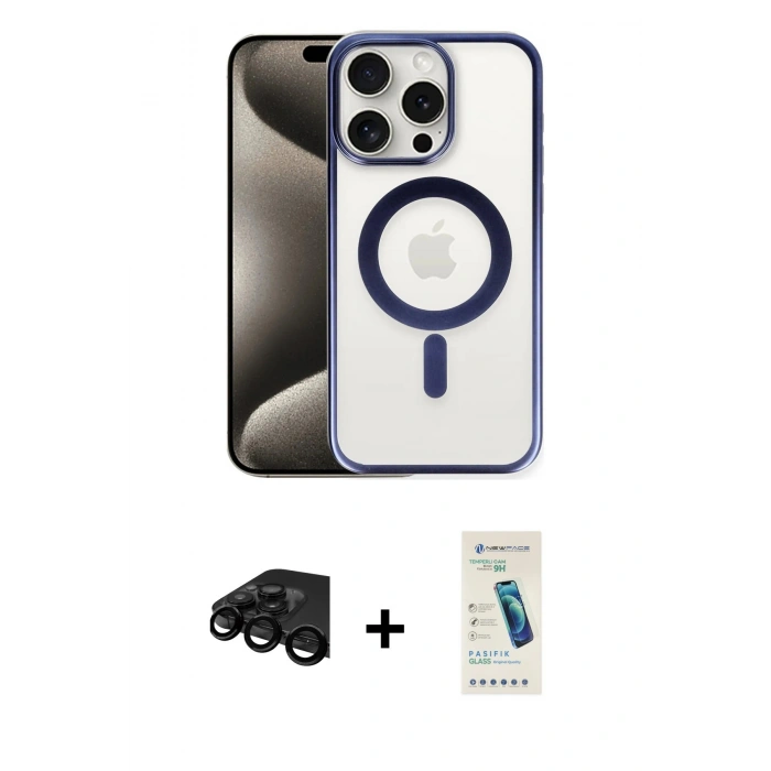 MARSİLYAN™- iPhone 15 Pro Max Kılıf Siluet Çizgi Serisi - Şeffaf Pasifik Cam Ekran Koruyucu + Raze Metal Kamera Lens - SH