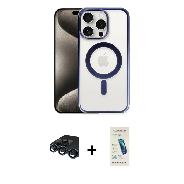 MARSİLYAN™- iPhone 15 Pro Max Kılıf Siluet Çizgi Serisi - Şeffaf Pasifik Cam Ekran Koruyucu + Raze Metal Kamera Lens - LT