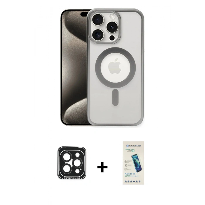 MARSİLYAN™- iPhone 15 Pro Max Kılıf Siluet Çizgi Serisi - Şeffaf Pasifik Cam Ekran Koruyucu + PVD Metal Kamera Lens - SH