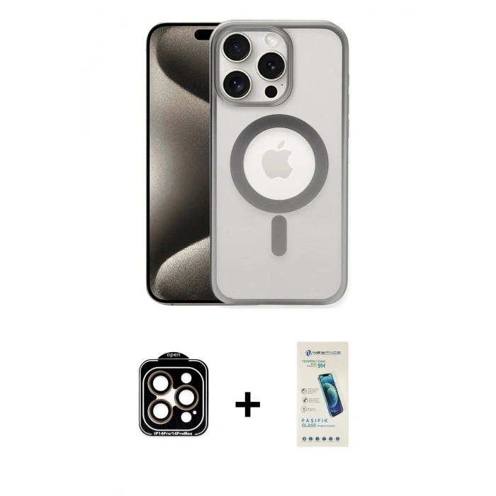 MARSİLYAN™- iPhone 15 Pro Max Kılıf Siluet Çizgi Serisi - Şeffaf Pasifik Cam Ekran Koruyucu + Turuncu PVD Metal Kamera Lens