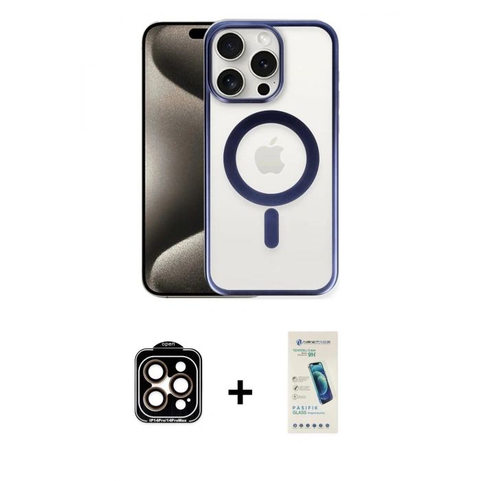MARSİLYAN™- iPhone 15 Pro Max Kılıf Siluet Çizgi Serisi - Şeffaf Pasifik Cam Ekran Koruyucu + Turuncu PVD Metal Kamera Lens