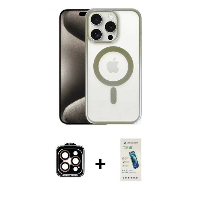 MARSİLYAN™- iPhone 15 Pro Max Kılıf Siluet Çizgi Serisi - Şeffaf Pasifik Cam Ekran Koruyucu + Turuncu PVD Metal Kamera Lens