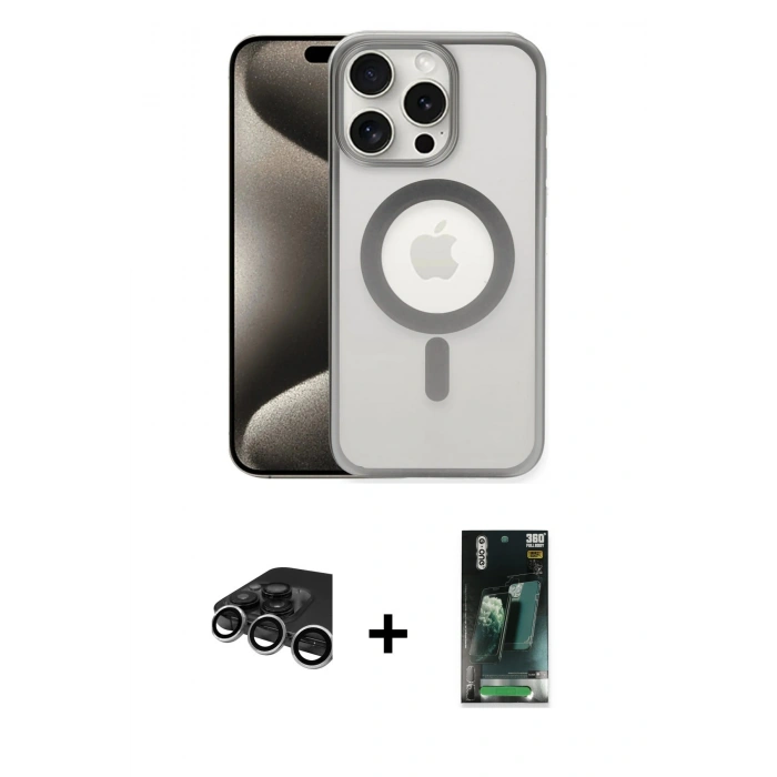 MARSİLYAN™- iPhone 15 Pro Max Kılıf Siluet Çizgi Serisi - Siyah 360 Mat Full Body Arka Koruyucu + Gümüş Raze Metal Kamera Lens