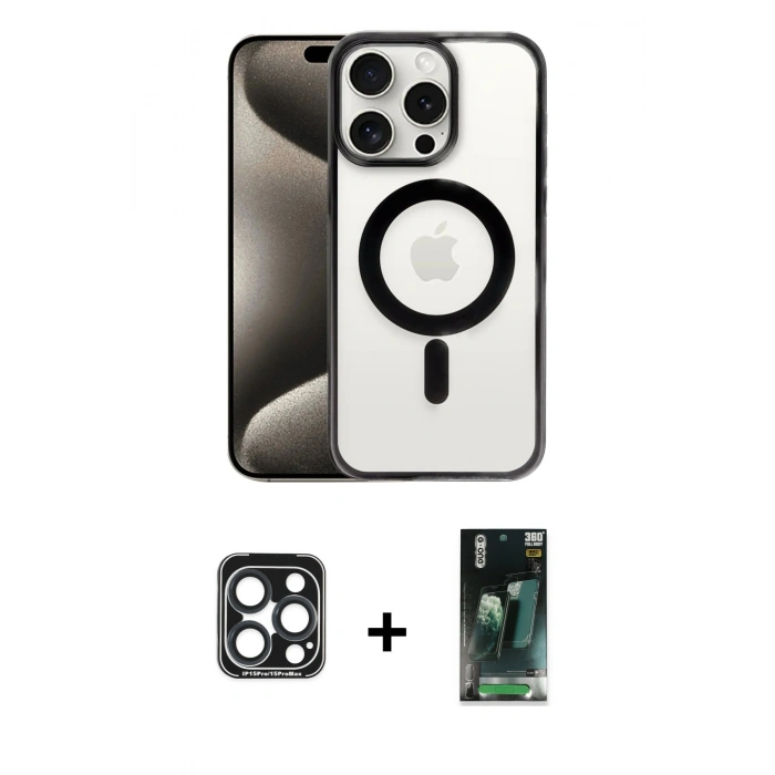 MARSİLYAN™- iPhone 15 Pro Max Kılıf Siluet Çizgi Serisi - Siyah 360 Mat Full Body Arka Koruyucu + PVD Metal Kamera Lens - LT