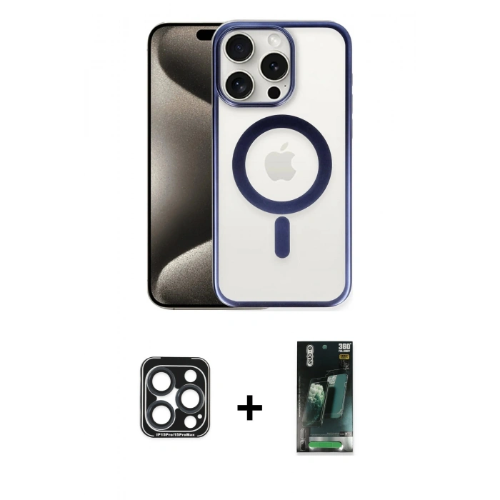 MARSİLYAN™- iPhone 15 Pro Max Kılıf Siluet Çizgi Serisi - Siyah 360 Mat Full Body Arka Koruyucu + PVD Metal Kamera Lens - LT