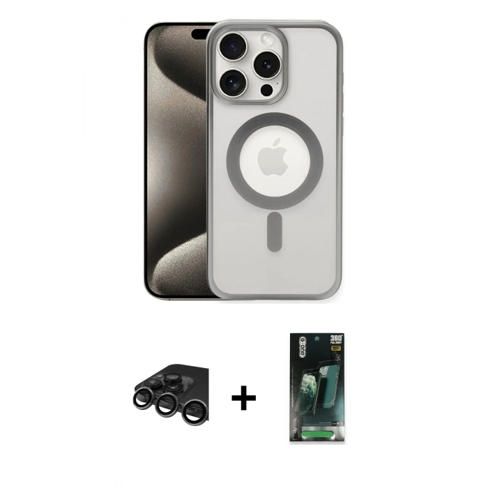 MARSİLYAN™- iPhone 15 Pro Max Kılıf Siluet Çizgi Serisi - Siyah 360 Mat Full Body Arka Koruyucu + Raze Metal Kamera Lens - TMGI