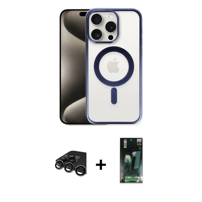 MARSİLYAN™- iPhone 15 Pro Max Kılıf Siluet Çizgi Serisi - Siyah 360 Mat Full Body Arka Koruyucu + Raze Metal Kamera Lens - TMGI