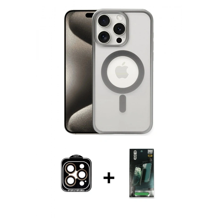 MARSİLYAN™- iPhone 15 Pro Max Kılıf Siluet Çizgi Serisi - Siyah 360 Mat Full Body Arka Koruyucu + PVD Metal Kamera Lens - TU