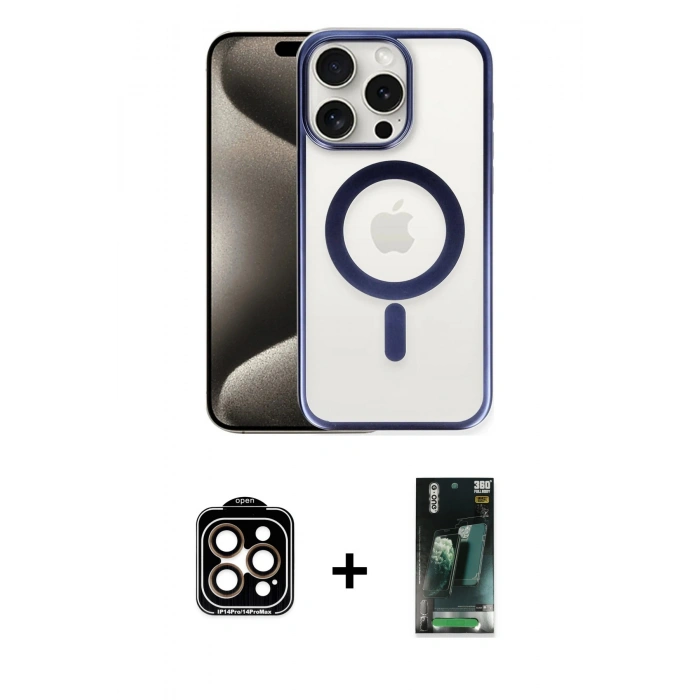 MARSİLYAN™- iPhone 15 Pro Max Kılıf Siluet Çizgi Serisi - Siyah 360 Mat Full Body Arka Koruyucu + PVD Metal Kamera Lens - TU