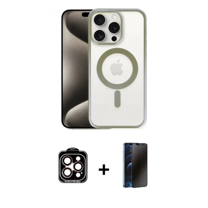 MARSİLYAN™- iPhone 15 Pro Max Kılıf Siluet Çizgi Serisi - Siyah 3D Antistatik Hayalet Cam Ekran Koruyucu + PVD Metal Kamera Lens - TU