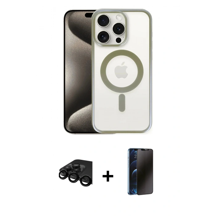 MARSİLYAN™- iPhone 15 Pro Max Kılıf Siluet Çizgi Serisi - Siyah 3D Antistatik Hayalet Cam Ekran Koruyucu + Raze Metal Kamera Lens - SH