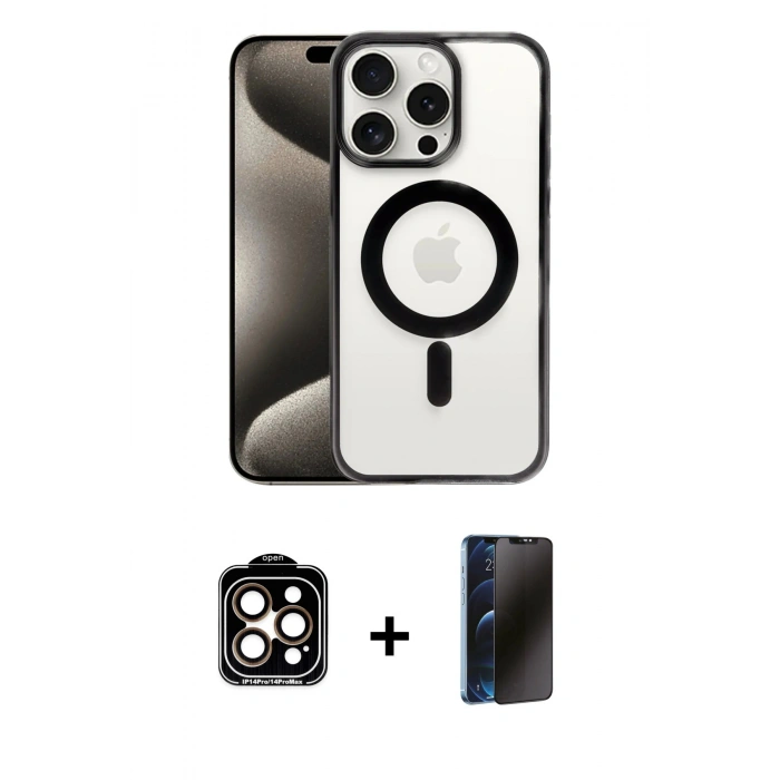 MARSİLYAN™- iPhone 15 Pro Max Kılıf Siluet Çizgi Serisi - Siyah 3D Antistatik Hayalet Cam Ekran Koruyucu + PVD Metal Kamera Lens - TU